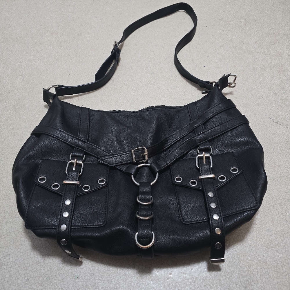 Killstar- large boho satchel bag- adjustable strap- black- vegan leather